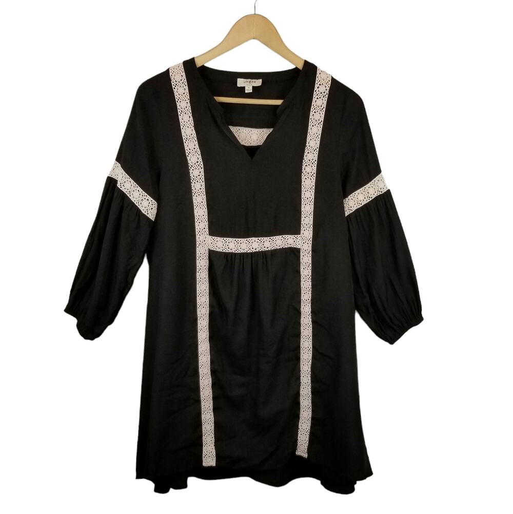 Umgee Black Cream Crochet Detail Long Puff Sleeve Dress Size S Small